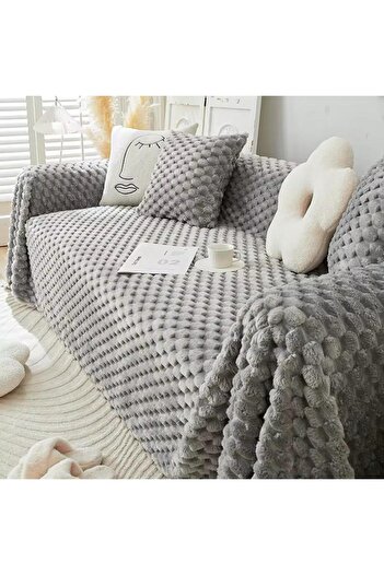 DECORA CASA HOME COLLECTİON Rabbit Plush Sofa Cover Classic Honeycomb Pattern Three-Seater Sofa Cover (1Pcs) 160X300