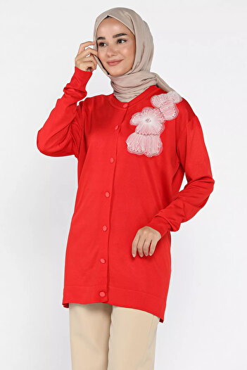 julude Red Floral Figured Front Buttoned Hijab Knitwear Cardigan (Fits Sizes S-M-L-Xl.)