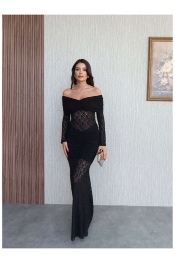 ESRAHELVACI Open Shoulder Waist Draped Lace Dress