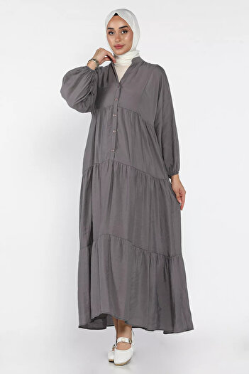 julude Anthracite Front Buttoned Flowy Seasonal Hijab Dress