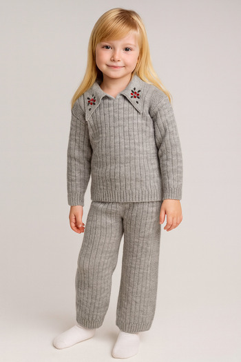 Minora Knitwear Shirt Collar Floral Embroidered Trouser Suit Gray