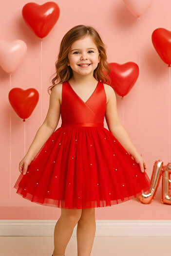 MadyaButik Girl's Red Wrap Collar Skirt Pearl Red Graduation Birthday Dress