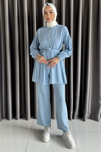 julude Bebemavisi Stone Detailed Hijab Tunic Pants Two-Piece Set