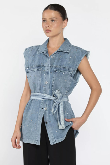 julude Ice Blue Women's Staple Detailed Waist Belted Double Pocket Jean Denim Vest