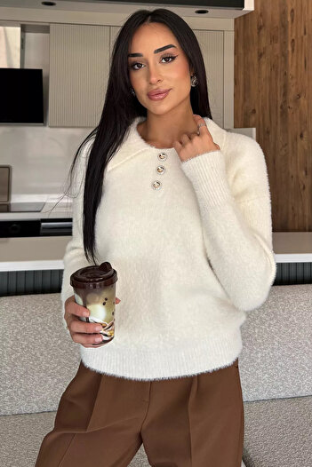 julude Cream Shirt Collar Buttoned Ribbed Knit Sweater (Available in Sizes S, M, L, XL)