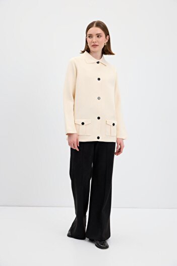 KADRİYE BAŞTÜRK Solid Color Pocketed Knitwear Cardigan Bone