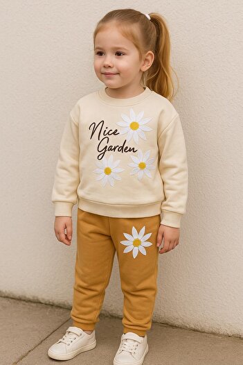 UESKİDS Girls' Flower-Patterned Tracksuit Set