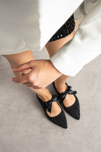 DUXAL SHOES Nina Black Pointed Toe Women's Ballerinas with Stone Ribbon Detail