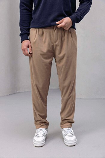 Valiberta Roy Regular Fit Elasticated Ribbed Velvet Fabric Zippered Jogger Men's Trousers - Beige