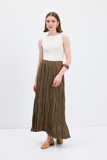 KADRİYE BAŞTÜRK Wrinkled Look Long Suede Skirt Khaki
