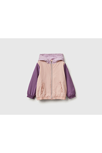 United Colors of Benetton Baby Girl White Mix Zippered Hooded Raincoat with Elastic Waist and Sleeves