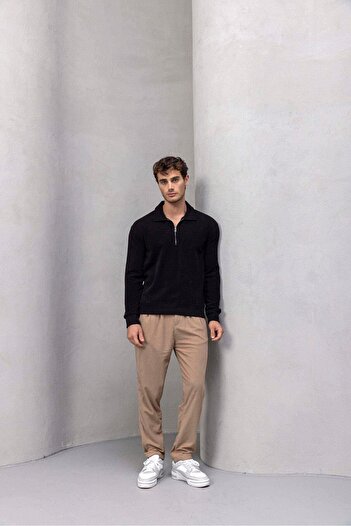 Valiberta Roy Regular Fit Elasticated Ribbed Velvet Fabric Zippered Jogger Men's Trousers - Beige