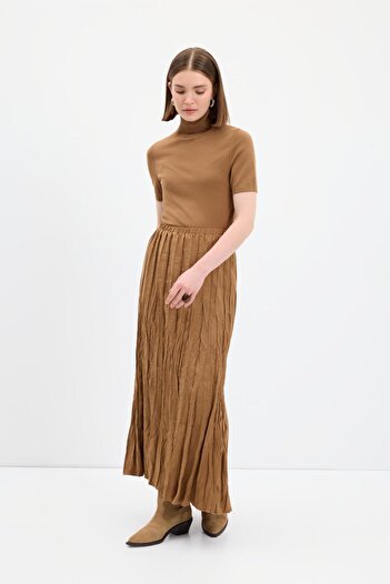 KADRİYE BAŞTÜRK Wrinkled Look Long Suede Skirt Tan