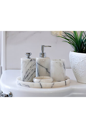 marbelix Valeria - 5 Piece Marble Bathroom Set - Liquid Soap Dispenser, Tray, Cotton Ball Holder, Toothbrush Holder, Solid Soap Holder