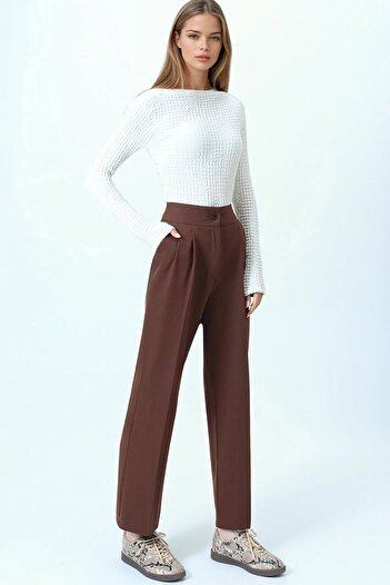 VAGGON Women's Brown Double Pocket Button Closure Palazzo Pants Vs01075