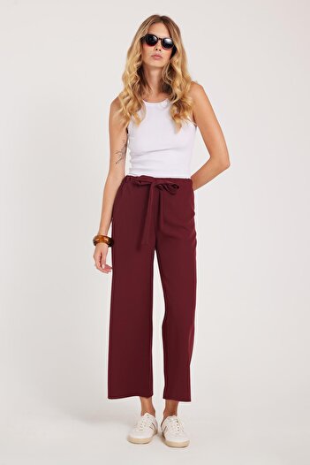 Tudors Women's Relax Fit Comfortable Cut Elastic Waist Tie Wide Leg Burgundy Trousers