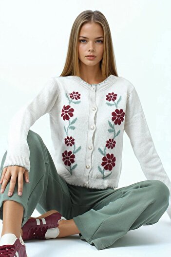 VAGGON Women's Burgundy Floral Patterned Buttoned Knitwear Cardigan Vs01047