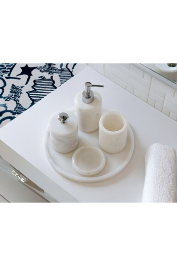 marbelix Valeria - 5 Piece Marble Bathroom Set - Liquid Soap Dispenser, Tray, Cotton Ball Holder, Toothbrush Holder, Solid Soap Holder