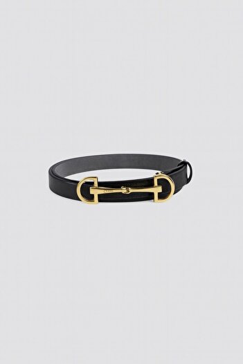 Çantacımstore Women's Thin Faux Leather Belt D Gold Buckle Black