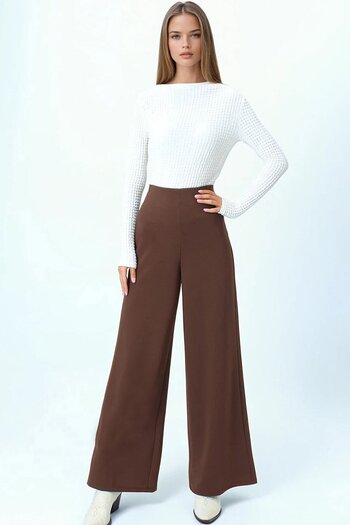 VAGGON Women's Brown High Waist Zipper Closure Palazzo Pants Vs01030