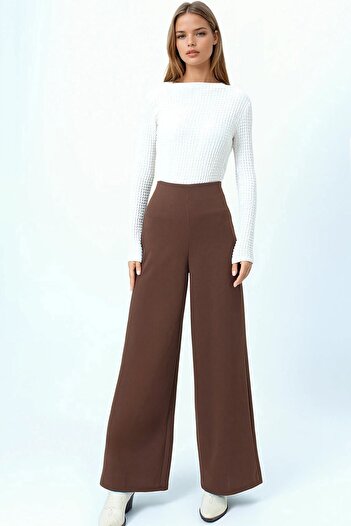 VAGGON Women's Brown High Waist Zipper Closure Palazzo Pants Vs01030