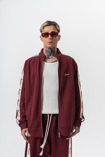Respire Men's Stripe Detailed Stand Collar Doubleface Zip Oversize Sweatshirt Burgundy
