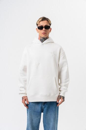 Respire Men's Süzene Embroidery Detailed Hooded Oversize Hoodie Ecru