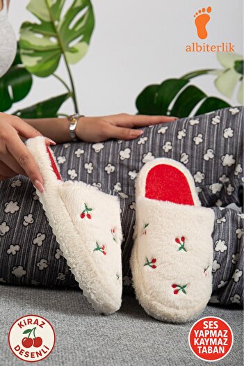 AlbiShoes Unisex Women's Cherry Pattern Fluffy Dowry Bundle House Slippers Soundless Non-Slip Sole House Slippers