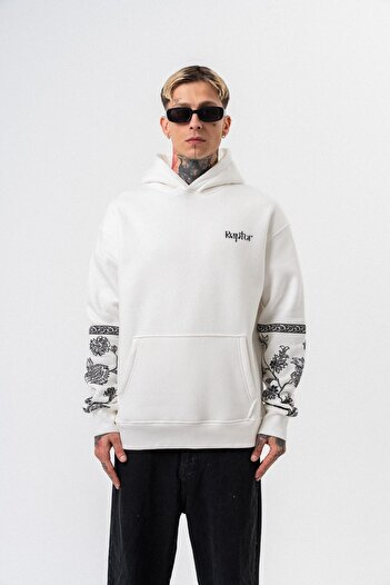 Respire Men's Raptor Printed Hooded Oversize Hoodie Ecru