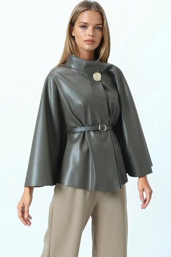 VAGGON Women's Khaki Belted Stand Collar Accessory Detailed Velvet Inside Faux Leather Cape Vs01032