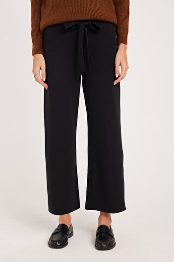 Tudors Women's relaxed fit comfortable cut elastic waist tie wide leg black pants