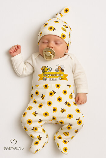 BABYDEN'S Auntie's Honey 3-Piece Baby Set Floral and Bee Patterned Long Sleeve Bodysuit with Hat and Booties Bottom Unisex