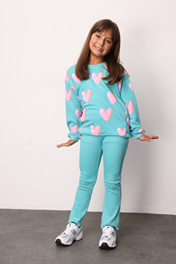 Le Mabelle Mint Heart Printed Girls' Tracksuit Set - Bonnie