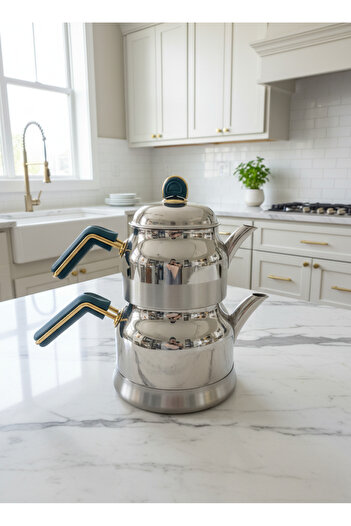 EVİMDM Tombik Elite Bakelite Handle Medium Size Teapot Set - Stainless Steel