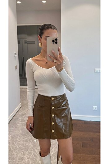 BRTC design Women's Olive Buttoned Leather Mini Skirt