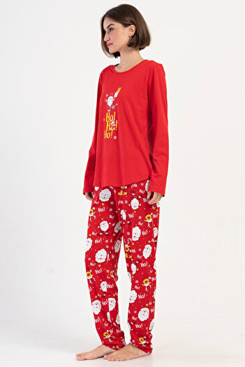 VİENETTA Red Hoho Patterned Women's Plus Size Cotton Pajama Set