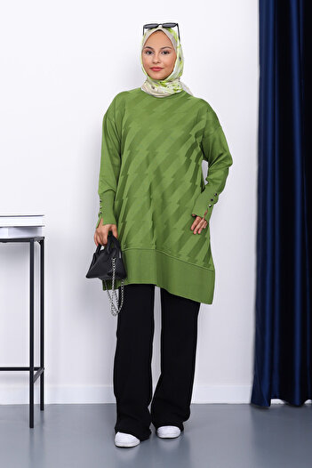 İmajButik Oil Green Cold Yarn Knitwear Tunic with Cufflinks
