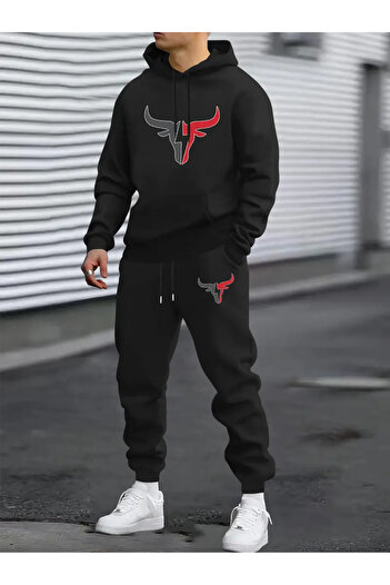 SimStone Men's Casual Hooded Sweatshirt & Sweatpants Set - Bull Head Print, Long Sleeve