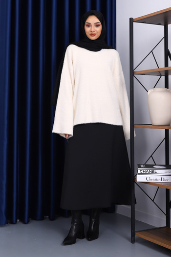 İmajButik Cream Crew Neck Oversize Angora Soft Knit Sweater