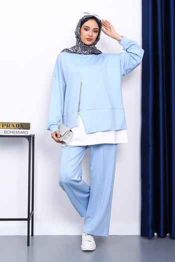 İmajButik Ice Blue Zipper Detailed Modal Tunic Trouser Set