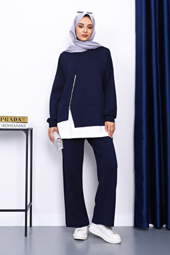 İmajButik Navy Blue Zipper Detailed Modal Tunic Trouser Suit