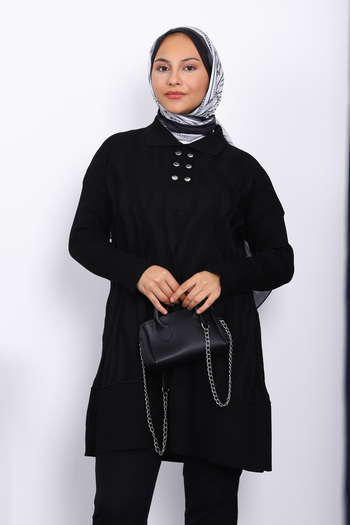 İmajButik Black Shirt Collar Cold Yarn Knitwear Tunic