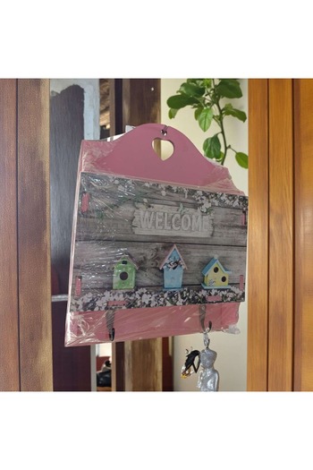 ÇEÇEN HOME Wooden Pink Color 2 Hooks Decorative Mailbox