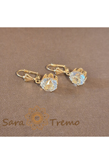 saratremo Cercei Placați cu Aur, Model Clasic cu Cristal Zirconia Negru Fațetat