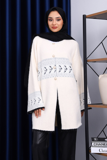 İmajButik Cream Patterned Angora Soft Knit Cardigan