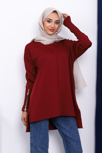 İmajButik Burgundy Sleeve Zippered Cold Thread Knitwear Tunic