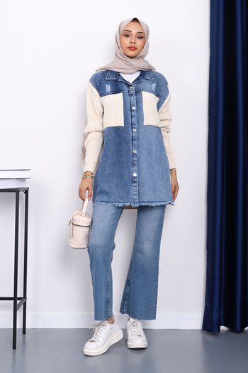 İmajButik Cream Denim Garnished Knitwear Cardigan