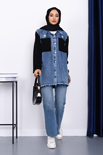 İmajButik Black Denim Garnished Knitwear Cardigan