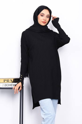 İmajButik Black Short Front Long Back Knit Tunic