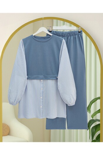 Modamorfo Combed Cotton Suit with Elastic Sleeves and Striped Shirt Detail - Blue